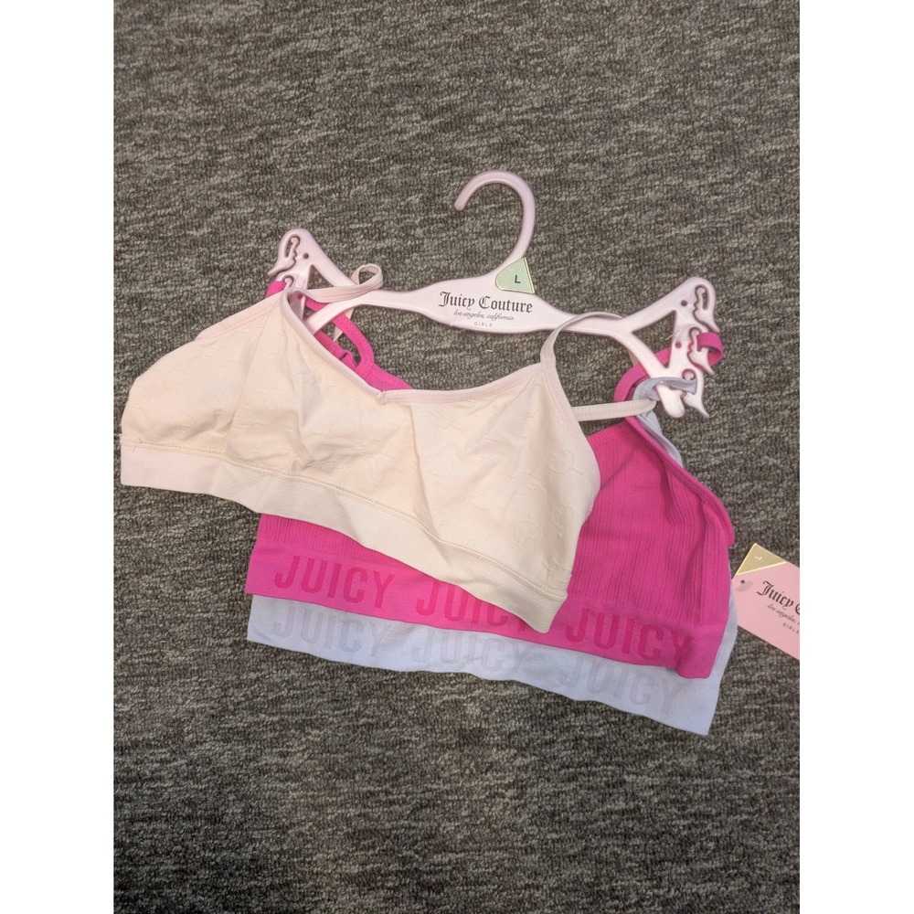NEW Juicy Couture Bralette 3 Pack Girl's L Pink White Logo Seamless Ribbed Heart